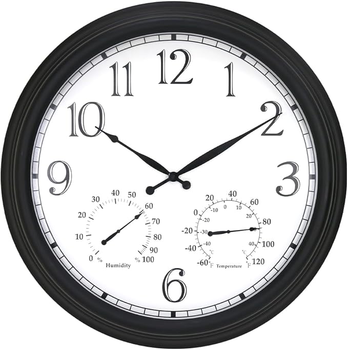 BESTIME MT-33-2 23-Inch Three-in-one Metal Wall Clock with Black Frame. Indoor,Outdoor,Thermometer,Hygrometer,Weather Resistant,Garden,Lanai.