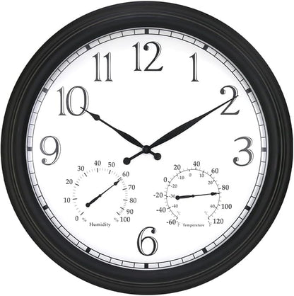 BESTIME MT-33-2 23-Inch Three-in-one Metal Wall Clock with Black Frame. Indoor,Outdoor,Thermometer,Hygrometer,Weather Resistant,Garden,Lanai.