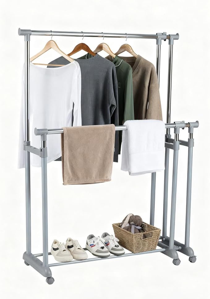 Giantex Extendable Double Rod Clothes Rack, Portable Garment Clothin Rack with Adjustable Height & Width, Heavy-Duty Metal Rolling Wardrobe Racks with Wheels for Bedroom, Laundry, Dressing Room