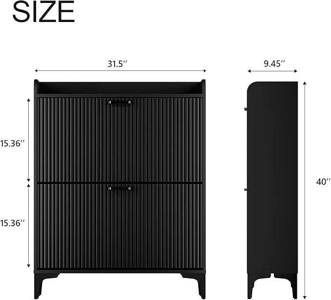 HIFYOBRO Fluted Shoe Cabinet with 2 Flip Drawers, Hidden Shoes Storage Cabinet, Modern Shoe Rack Organizer, Freestanding Narrow Shoes Organizer for Hallway, Entryway (Black)