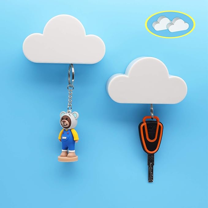 Meyerascal 2PCS White Cloud Magnetic Key Holder for Wall, Strong Magnetic to Securely Hang Multiple Keys and Keychain, Novelty Cute Home Decorations, Easy to Install and Convenient to Use.(2 White)