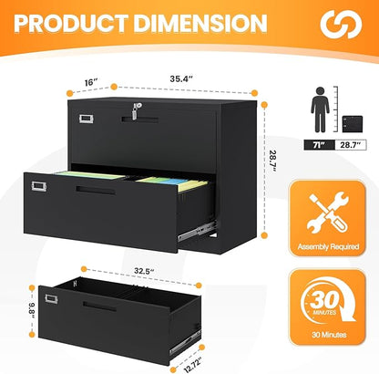 2 Drawer File Cabinets for Home Office, Metal Filing Cabinet with Lock, Black Locking File Caninet Two Drawer, Office Storage Caninets Steel Cabnet for Letter/Legal/A4/F4-Assembly Required