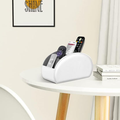 Fintie Remote Control Holder, 5 Compartments Vegan Leather TV Remoter Caddy Desktop Organizer Makeup Brush Holder Storage Fits TV Remotes, Media Controllers, Office Supplies(White)