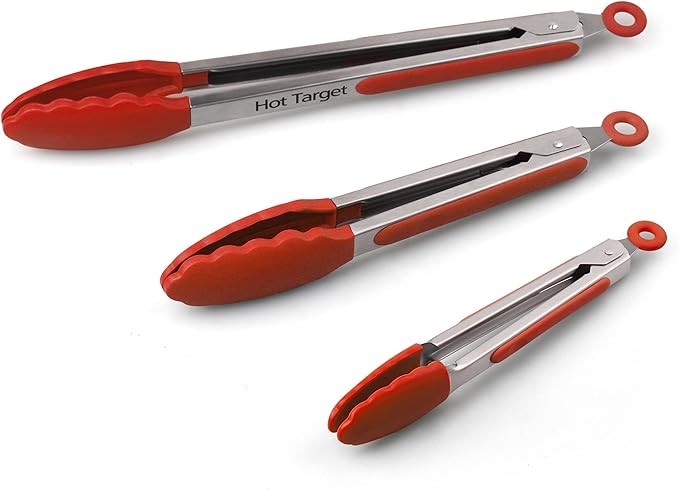 Hot Target Set of 3 (7, 9, 12 inches) Kitchen Tongs for Cooking - Heavy Duty & Non-Stick with Stainless Steel - Kitchen Tongs with Silicone Tips - Heat Resistant Long Food Tongs for Grilling BBQ - Red