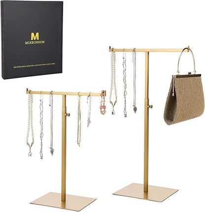 Purse Display Stand Jewelry Towers 2 Packs Stainless Steel Bag Stand Tabletop Adjustable Height Double Hook Hanging Jewelry Stands for Necklaces Organizer Home Store Boutique (Anti-fingerprint)