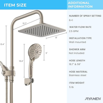 Ryamen Dual Shower Head Combo, 8'' High Pressure Rain Shower Head with Handheld Spray, 6+1 Spray Settings Handheld Showerhead, Height Adjustable, One-touch Pause Button, Brushed Nickel