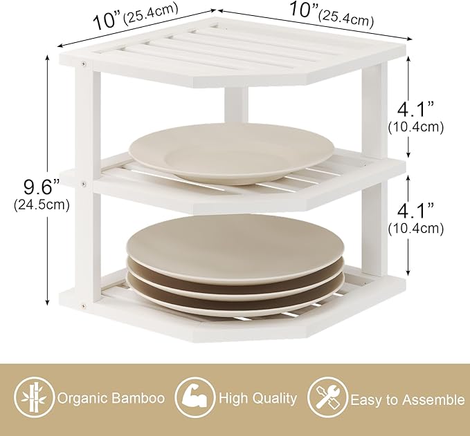 3 Tier Bamboo Corner Shelf(2 Pack),Dish Drying Rack,Plate Organizer,Kitchen Spice Rack for Countertop and Cabinet(White)
