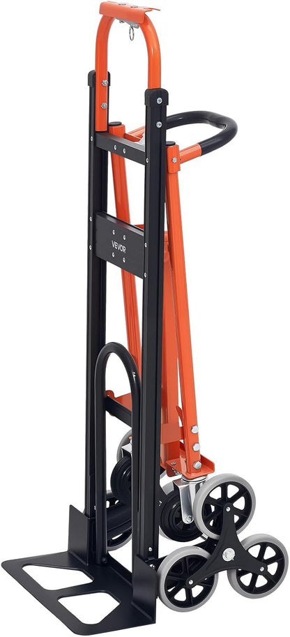 VEVOR 3 in 1 Industrial Convertible Stair Climbing Cart, 770 lbs Max Load, Folding Hand Truck Dolly with Handle & Wheels, Stair Climbing Utility Trolley for Transport & Moving, Orange & Silver