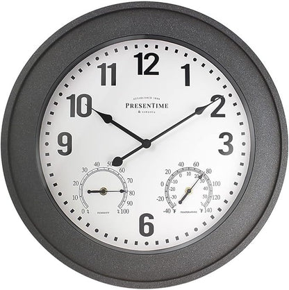 Presentime & Co. 20" Bradford Indoor/Outdoor Farmhouse Clock with Weather Station, Gray Stone Finish