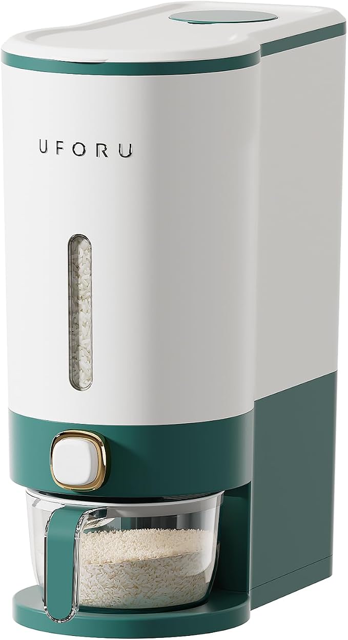 UFORU Rice Dispenser, Rice Storage Container with Measuring Cup for Kitchen Pantry Household, Cereal Dry Food Storage Containers Airtight, Sealed Moisture Proof (Green 22 Lbs)