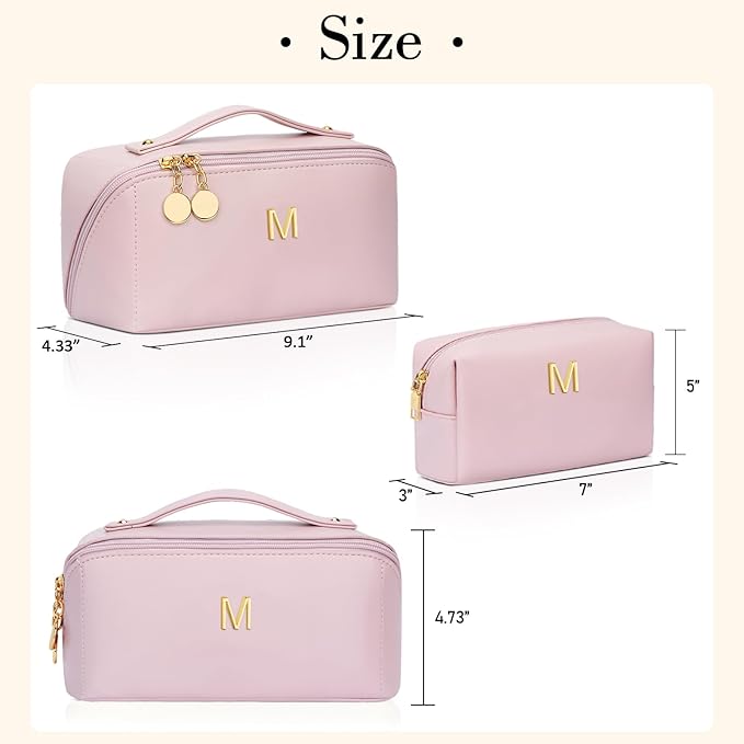 Valentine's Day Gifts for Women Teen Girl, Personalized Initial Makeup Organizer Bag Set, Open Flat Travel Cosmetic Bag With Clear Divider and Handle(Pink,M)