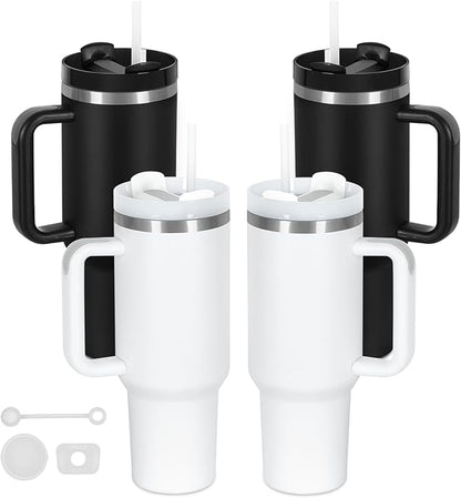 4 Pack 40 Oz Tumblers with Handle Bulk, Double Wall Vacuum Insulated Stainless Steel Tumblers with Lid and Straw, 40 oz Cups with Silicone Spill Proof Stopper Set (Black-2,White-2)