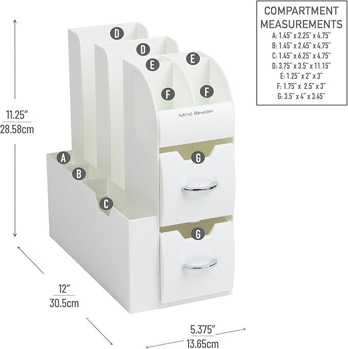 Mind Reader Cup and Condiment Station, Countertop Organizer, Coffee Bar, Kitchen, Stirrers, 5.375"L x 12"W x 11.25"H, White