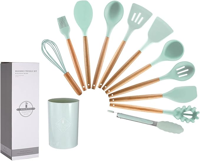 KSENDALO 12-Piece Silicone Kitchen Utensil Set with Holder - Wooden Handle, Heat Resistant Non-Stick Cooking Tools for Baking, Frying & Stirring (Aqua)