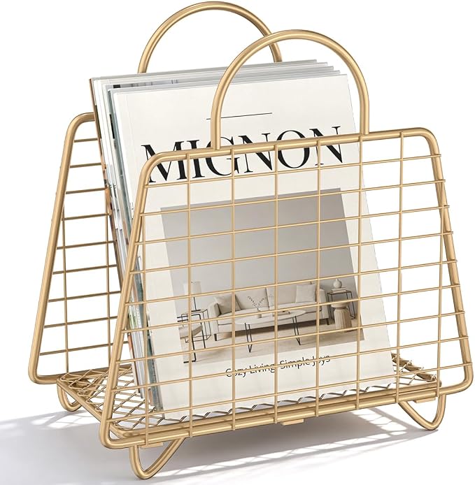 Gold Magazine Holder,Modern Magazine Rack Floor,Metal Wire Magazine Basket,Handbag Design Magazine Storage Organizer for Magazines File Book Newspaper Vinyl Record Albums