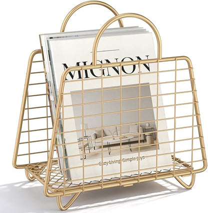 Gold Magazine Holder,Modern Magazine Rack Floor,Metal Wire Magazine Basket,Handbag Design Magazine Storage Organizer for Magazines File Book Newspaper Vinyl Record Albums