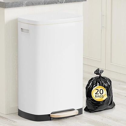 KdbK 13 Gallon Trash Can with Lid, 50L Fingerprint Proof Stainless Steel Kitchen Trash Can with Removable Inner Bucket and Lid Soft Close, Pedal Rubbish Bin for Home Office, White