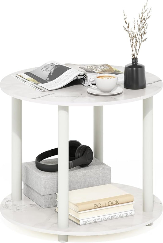 Furinno Turn-N-Tube Simple Design 2-Tier Round Wooden Small Coffee Table, Marble White
