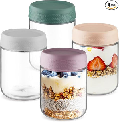 Wresty Empty Clear Glass jars with Airtight Lids Overnight Oats Containers Glass Food Storage Containers Glass Mason Jars For Yogurt Snacks Spice Sugar Jam And More (4 Pcs Mixcolor, 500ml/16.7oz)