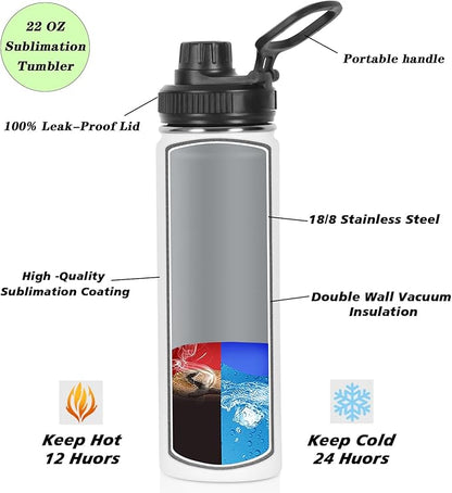 Sublimation Sports Water Bottle Blanks Bulk, 22 oz Sublimation Tumblers, Stainless Steel Double Wall Insulated Sublimation Cups with Portable Handle, Individually Boxed (8 Pack)