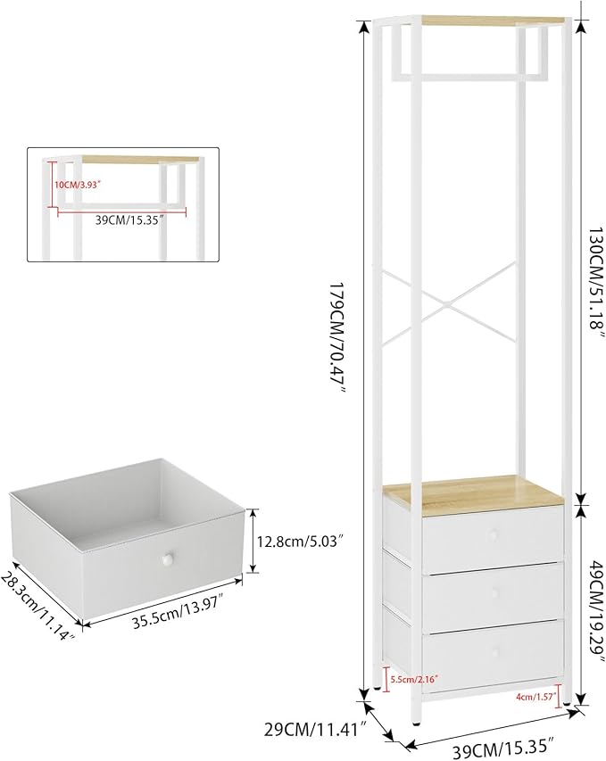 YMYNY Garment Rack, Clothes Rack with Drawers, Freestanding Tall Closet Organizer with 3 Fabric Drawers, Clothes Stand for Hanging Shirts, Coat,15.35" L×11.41" W×70.47" H Wood Color&White UHGR001R