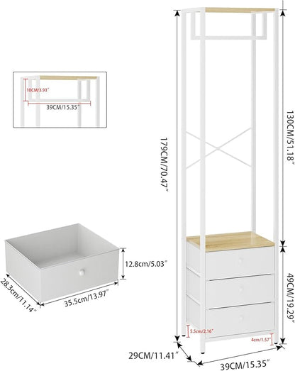 YMYNY Garment Rack, Clothes Rack with Drawers, Freestanding Tall Closet Organizer with 3 Fabric Drawers, Clothes Stand for Hanging Shirts, Coat,15.35" L×11.41" W×70.47" H Wood Color&White UHGR001R