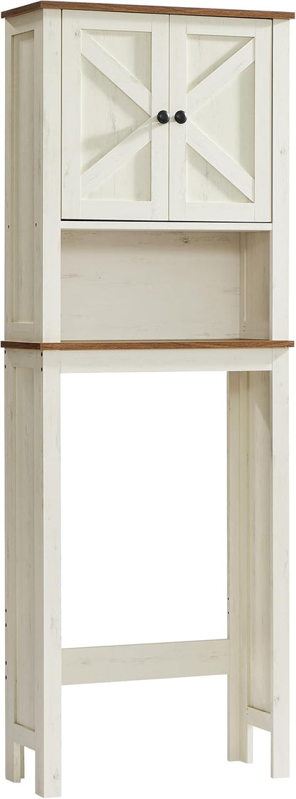 VASAGLE LIRY Collection - Over-The-Toilet Storage Cabinet, 23.6-Inch Wide Farmhouse Bathroom Organizer, with Barn Doors, Adjustable Shelf, Space-Saving, Rustic White UBTS026W01