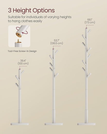 VASAGLE Solid Wood Coat Rack, Free Standing Hall Coat Tree with 8 Hooks, 3 Height Options, for Coats, Hats, Bags, Purses, for Entryway, Hallway, Rubberwood Hooks and Pole, Cappuccino Beige URCR010K01