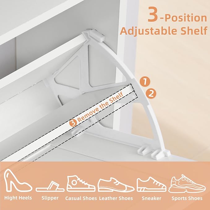Shoe Storage Cabinet with 2 Flip Drawers, Farmhouse Shoes Organizer for Entryway, Narrow Hidden Shoe Rack with Wooden Legs & Open Storage, Free Standing Shoe Closet for Foyer, Hallway, White