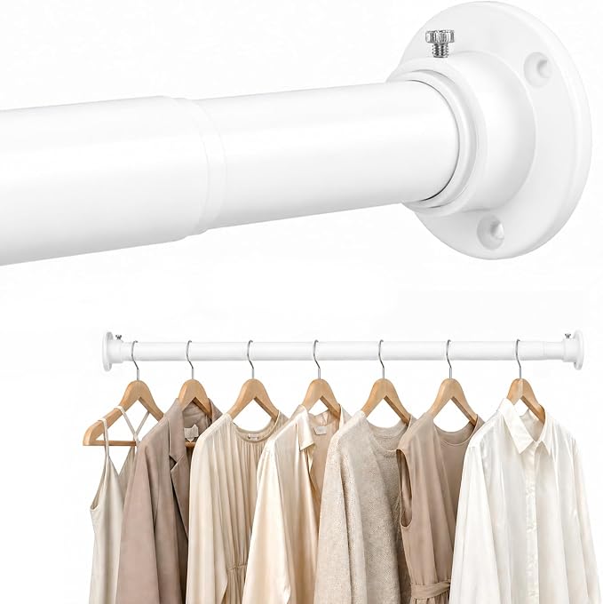 Closet Rod Adjustable 17 to 28 Inch, 1-1/4” Diameter, Closet Rods for Hanging Clothes, Stepless Metal Heavy Duty Hanging Rod for Closet Wardrobes Laundry RV (White)