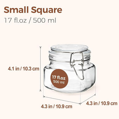 ComSaf Set of 6 Square Glass Jars with Airtight Wire Clamp Lids (17 Oz), Wide Mouth Pantry Canisters for Overnight Oats, Jam, Pickling, Spice Storage, Gifts