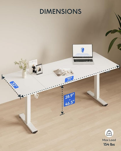 FLEXISPOT 71 x 32 Inch Large Standing Desk, Stand Up Desk with Splice Board, Rising Desks for Home Office, Office Desk with Headphone Hook (White Frame + White Top, 2 Packages)