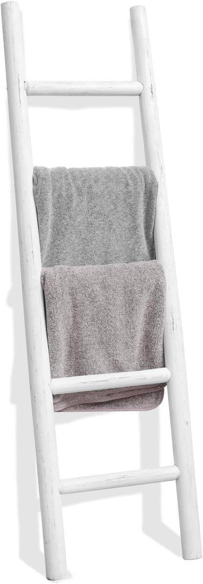 FUIN 57in Wood Blanket Ladder Living Room Decorative Wall Leaning Farmhouse Quilt Display Holder Rustic Wooden Towel Rack for Bathroom, White