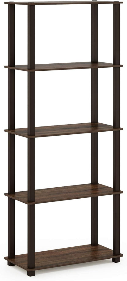 Furinno TURN-S-TUBE Book Shelf, 5-Tier Toolless Storage Shelves with Square Tubes, Shelving Unit for Organization and Storage for Living Room, Home Office, Walnut