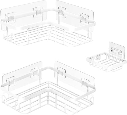 Moforoco Corner Adhesive Shower Caddy, with Soap Holder and 12 Hooks, Rustproof Stainless Steel Bathroom Organizer, No Drilling Wall Mounted Rack, Black, 3-Pack(White)
