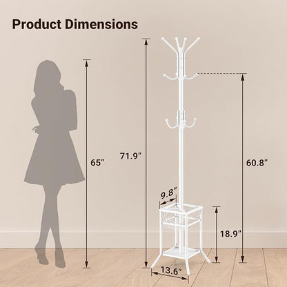 ELYKEN Coat Rack Freestanding with Umbrella Holder, Coat Tree with 12 Hooks, Coat Hanger Stand for Entryway, Metal Coat Rack Hat Rack Stand for Living Room Bedroom Office, White