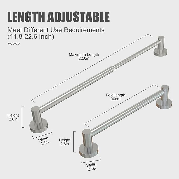 Honmein Towel Bar - Adjustable 304 Stainless Steel Towel Holder for Bathroom (11.8inch-22.6inch) Sturdy and Rustproof Wall Mounted Towel Rack for Bathroom Accessories, Silver…