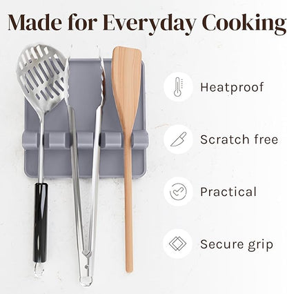 Cooler Kitchen Gray Silicone Spoon Rest for Stove Top with Drip Pad (2 Pack) - Heat Resistant BPA Free Utensil Rest & Kitchen Spoon Holder for Kitchen Counter - Grill Countertop - Spatula Holder