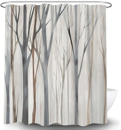 MERCHR Brown Grey Tree Fabric Shower Curtain, Art Style Abstract Birch Forest Rustic Wood Polyester Fabric Waterproof Bath Curtain, Farmhouse Bathroom Shower Curtains with Hooks 72X72 Inch