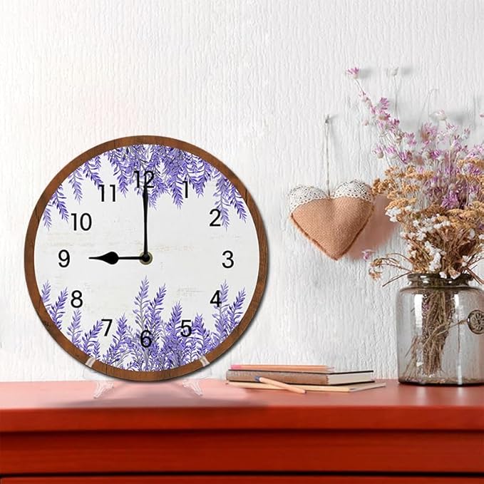 Lavender Wall Clock 10 Inch Silent Non Ticking Battery Operated Wooden Modern Office Simple Minimalist Clock Decorative for Kitchen Home Bathroom Living Room