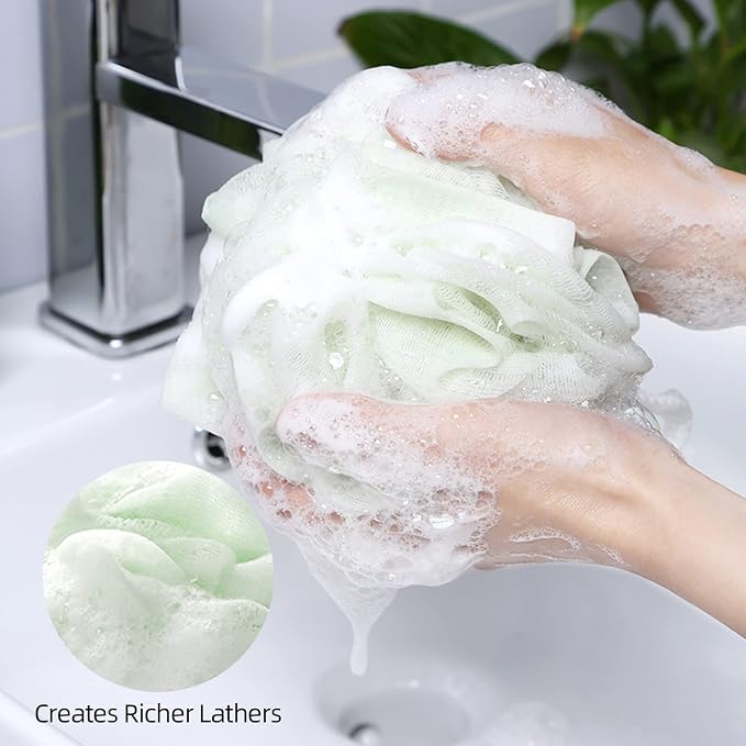 Fu Store Loofah Sponge Shower Loofahs 70g Bath Sponges Mesh Balls 4 Colors for Body Scrubber Exfoliator Wash Back Scrubbers Bathroom Men Women 4 Pack Cleaning Bathing Accessories Blue Beige Green Pink