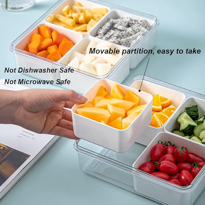 MANO 2pack Serving Trays for Party Divided Veggie Tray with Lid Sealed Sectioned Fruit Snack Serving box Vegetable Storage with 4 Compartments Snackle Box Charcuterie Container Fridge Organizer