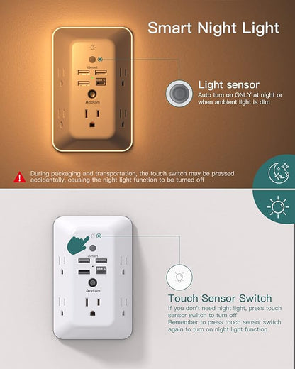 Surge Protector, Outlet Extender with Night Light, Addtam 5-Outlet Splitter and 4 USB Ports(1 USB C), Multi Plug Wall Outlet for Home Office Dorm Room Essentials
