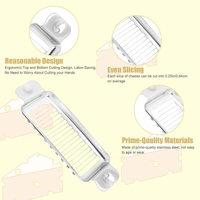 lasuroa Butter Slicer Cutter, Stainless Steel Ergonomic Cheese Slicer Cheese Even Stick Slicing Tool for Portion Control Cheese Wire Slicer with Portable Grip for Food Square Block Butter(Silver)