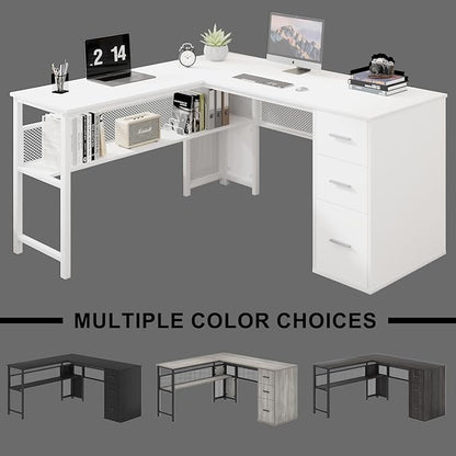 LVB White L Shaped Corner Desk with Drawers, Reversible Modern L-Shaped Computer Desk with Storage Cabinet Shelves, Large Wood Metal L Shape Home Office Desk for Work Study Writing Gaming, 59 Inch