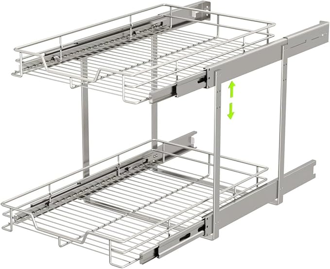 EZKAZA Pull Out Cabinet Organizer 7.5" W x 21" D, 2-Tier Kitchen Cabinet Pullout Shelf and Drawer Organizer Slide Out Pantry Storage Basket, 6.2" W x 21" D x 2.4" H for Bottom Basket Size