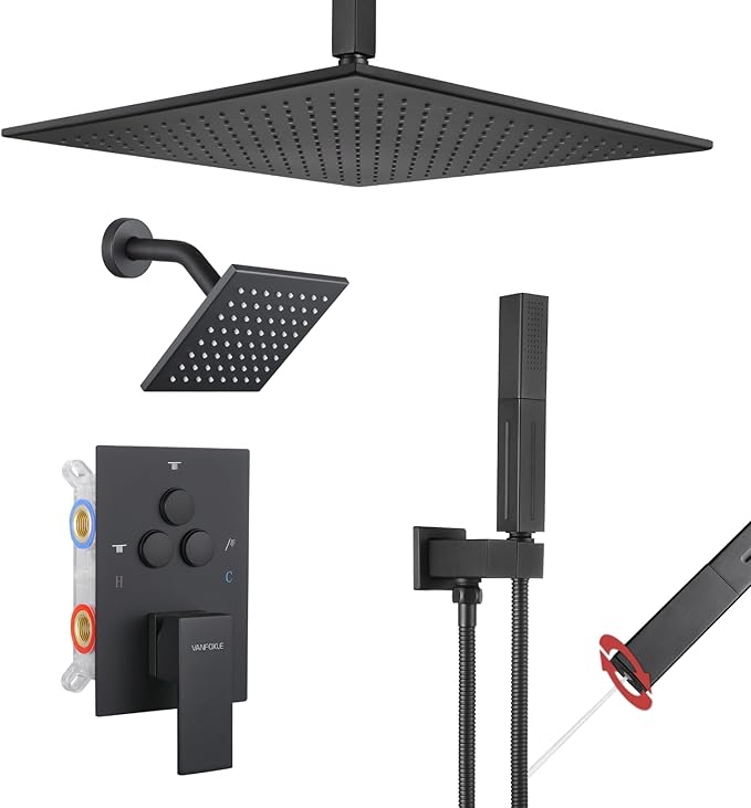 VANFOXLE Shower Faucet Set Matte Black Shower System, Push Button Diverter Shower Faucet with Trim Kit, Ceiling Mount 12 Inch Shower Head Increased Thick, 6 Inch Side Shower Head, 2-in-1 Handheld
