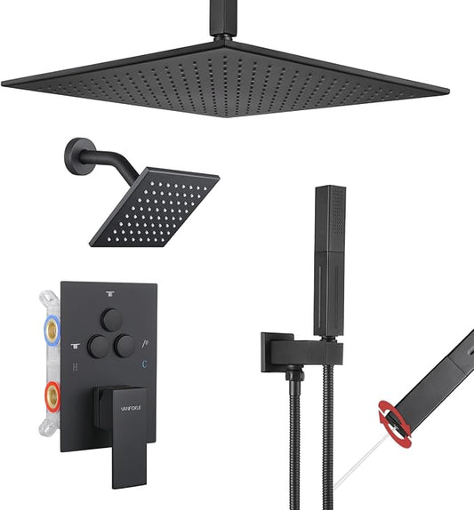 VANFOXLE Shower Faucet Set Matte Black Shower System, Push Button Diverter Shower Faucet with Trim Kit, Ceiling Mount 12 Inch Shower Head Increased Thick, 6 Inch Side Shower Head, 2-in-1 Handheld