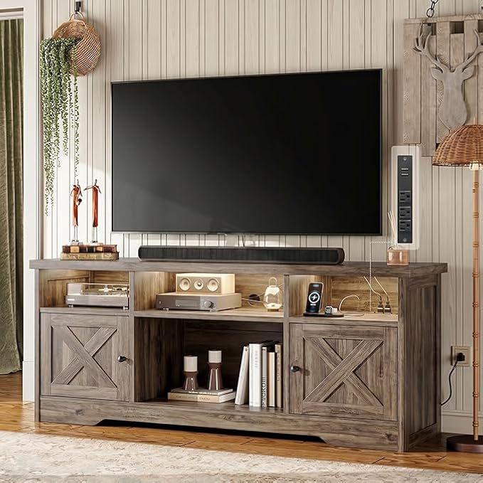 Casaottima TV Stand for 65 Inch TV, Farmhouse Entertainment Center with Power Outlet & LED Light and Storage Cabinets, Console Table and Media Furniture for Living Room Bedroom, Gray Oak