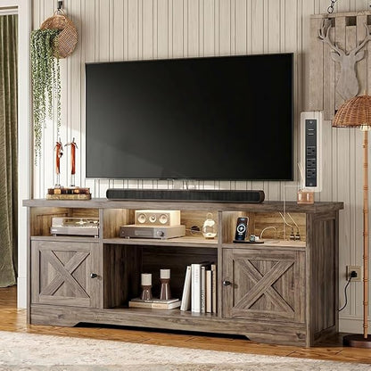 Casaottima TV Stand for 65 Inch TV, Farmhouse Entertainment Center with Power Outlet & LED Light and Storage Cabinets, Console Table and Media Furniture for Living Room Bedroom, Gray Oak